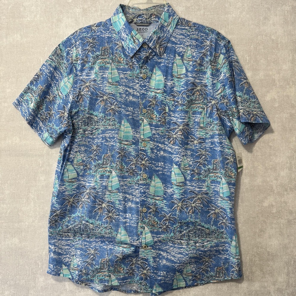 IZOD Saltwater Shirt Mens Large Blue Hawaiian Sailboat Print Cotton Button Front